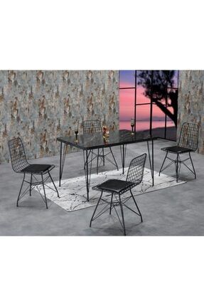 Siyah Rozalin 4 Kişilik Mermer Görünümlü Metal Mutfak Masası Takımı Tel Sandalyeli 80x120 cm ROZALİNSİYAHİNCETEL