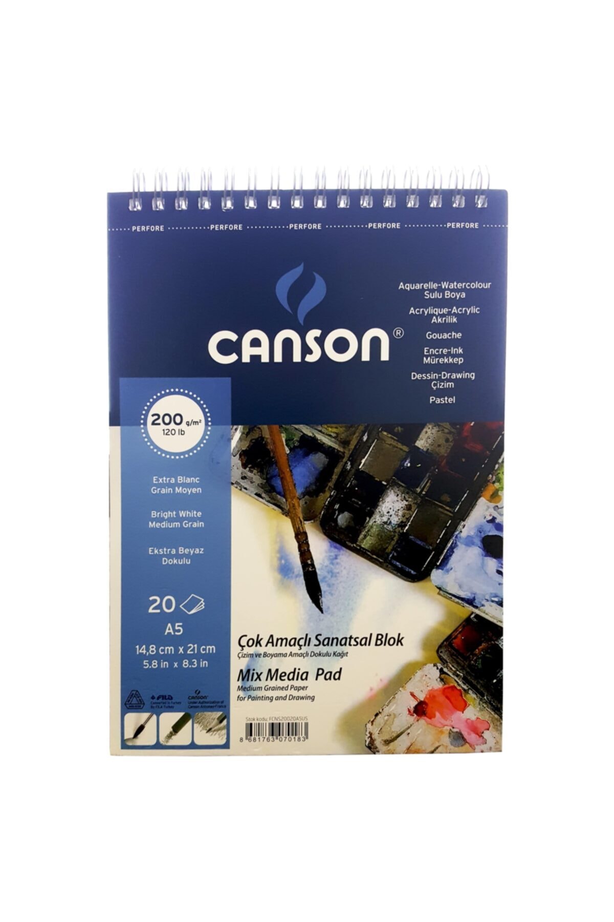 Canson 1557 Mix Media A5 20yp 200gr Spiralli Çok Amaçlı Çizim Resim Defteri / FCNS20020A5US