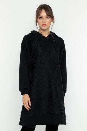 Kadın Siyah Kapüşonlu Sweat Tunik Elbise INV4007