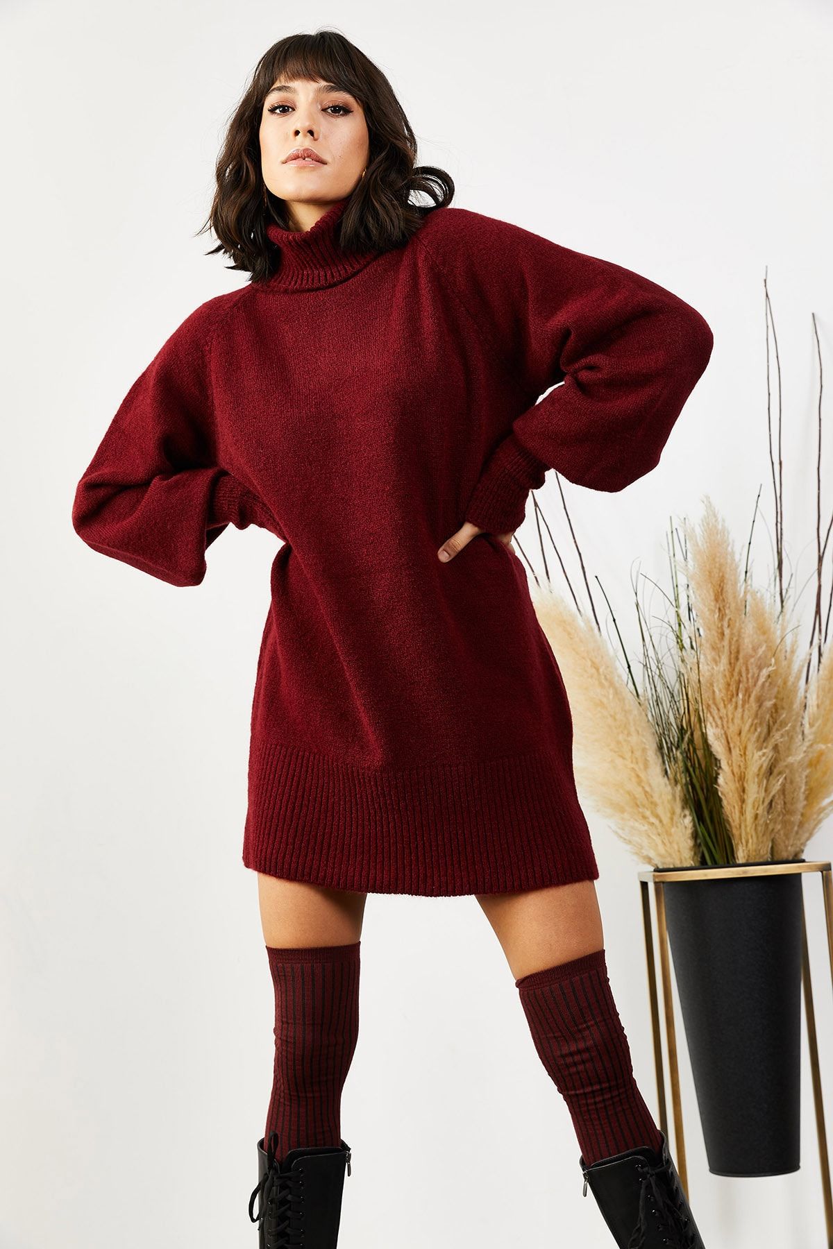 Olalook-Women's Burgundy Turtleneck Balloon Sleeve Loose Knitwear Dress ELB-19000867 2
