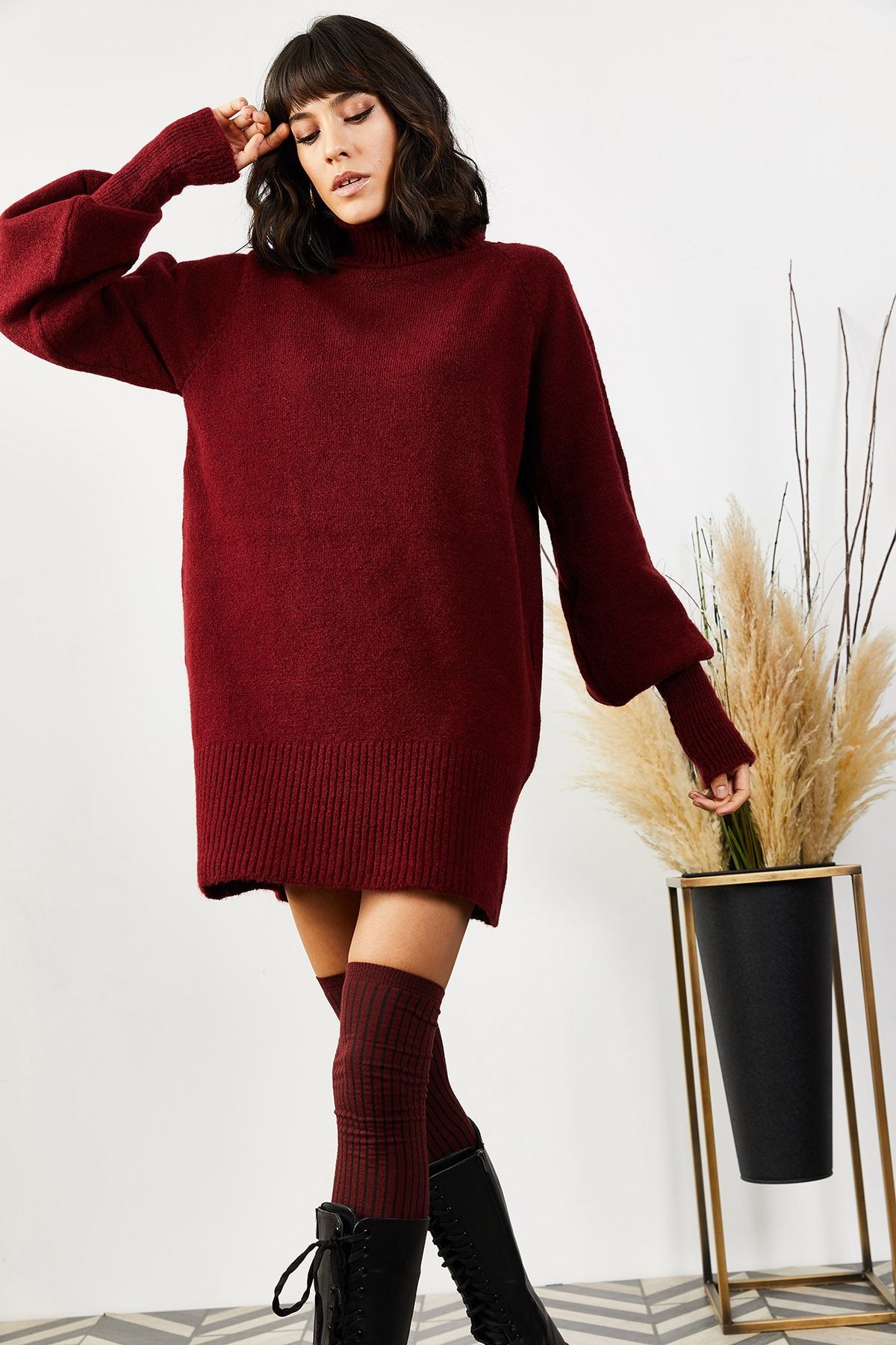 Olalook-Women's Burgundy Turtleneck Balloon Sleeve Loose Knitwear Dress ELB-19000867 3
