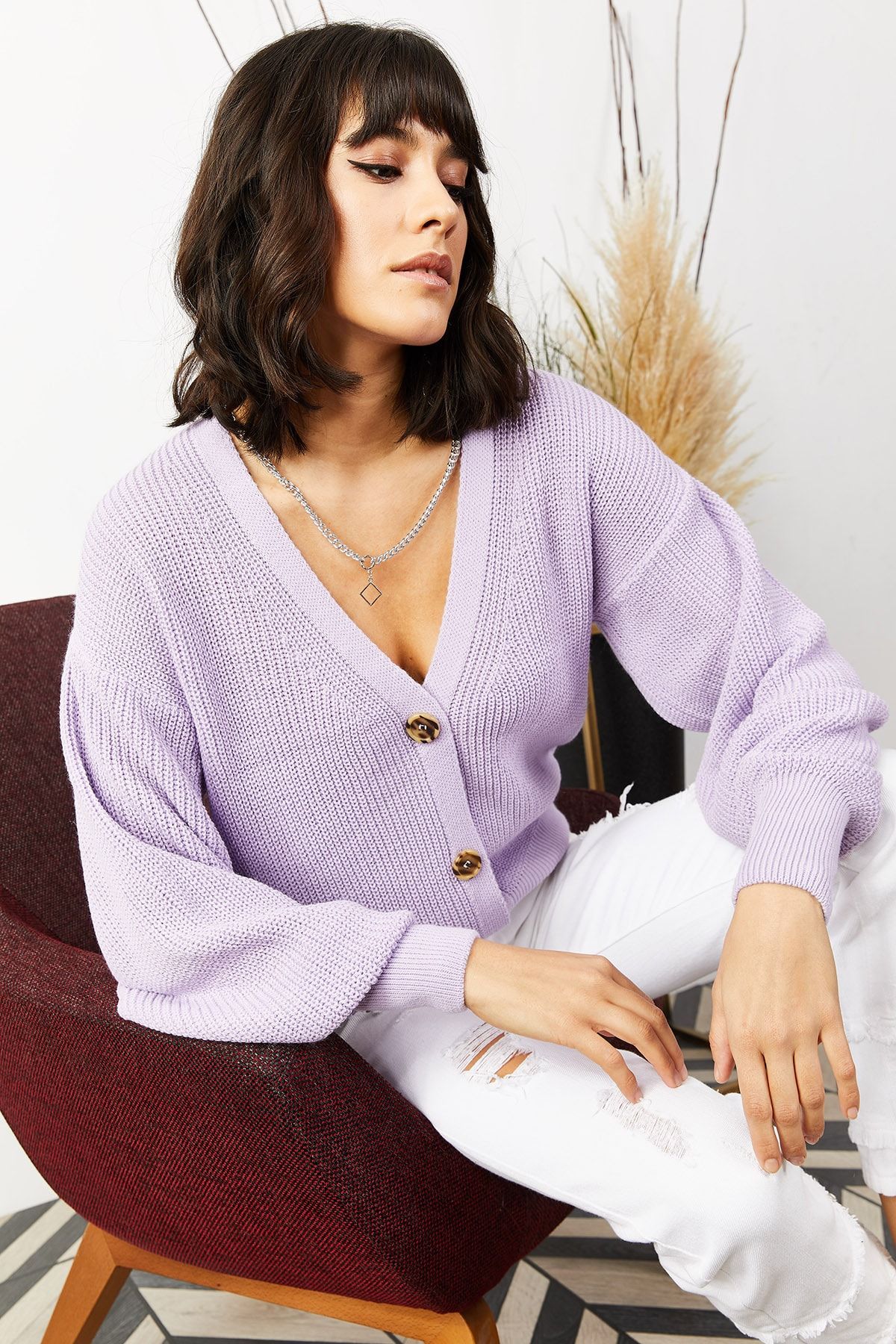 Olalook-Lila Strickjacke mit Knöpfen für Damen HRK-19000097 2