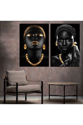 Afrikalı Kadın Altın ve Siyah Eşarplı İkili Konsept Kanvas Tablo 2 Adet 70x100cm 712pdkm22