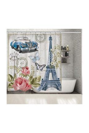 Baskılı Duş Perde Paris Desenli Mavi Arabalı Retro Eskitme dp_00334_3