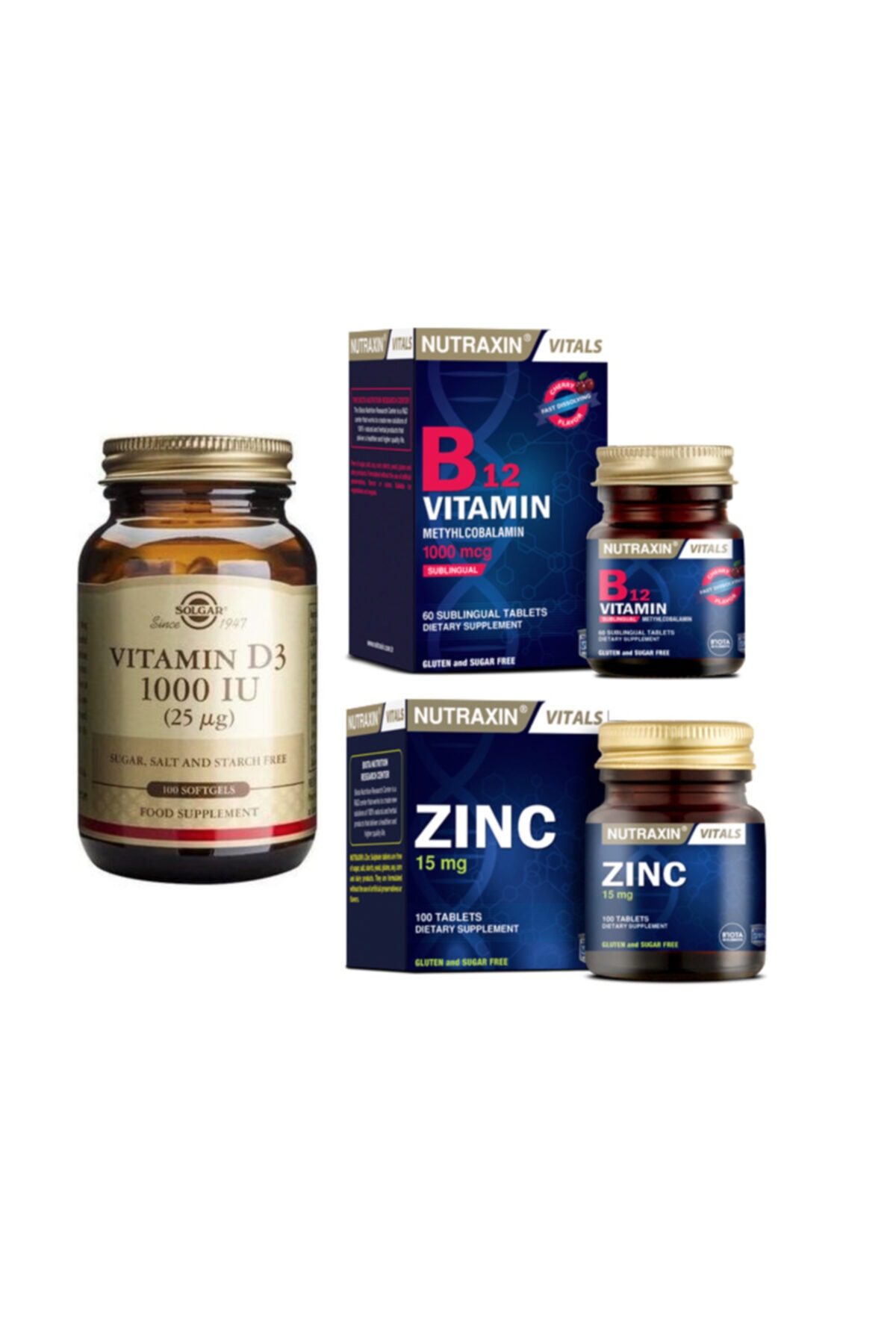 Solgar D3 Vitamini 100 Yumuşak Kapsül + Nutraxin B12 Vitamini 60 Dilaltı Tableti + Çinko 15 Mg 100 Tablet