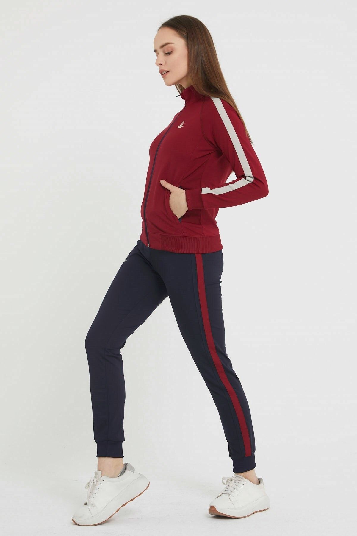 SPORTSTAT ON Women s Claret Red Striped Tracksuit Set Trendyol