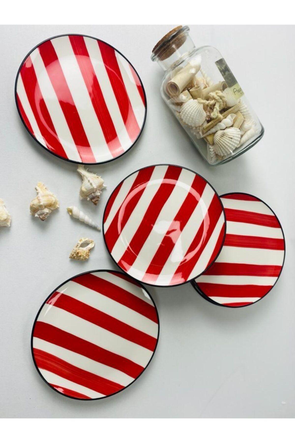 Ülger Seramik Kırmızı Çizgili Handmade 6�lı Pasta Tabağı 19cm Fiyatı