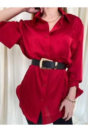 Kadın Kırmızı Parlak Saten Oversize Gömlek LRN9234-106