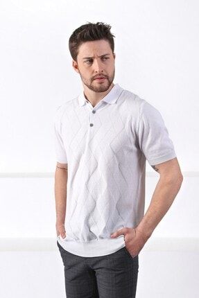 Beyaz Polo Yaka Baklava Desen %100 Pamuk Erkek Triko T-shirt 4172-KG