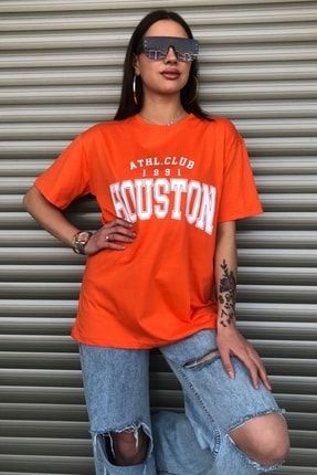 Kadın Houston Baskılı Oversize Tshirt Turuncu houstontshirt