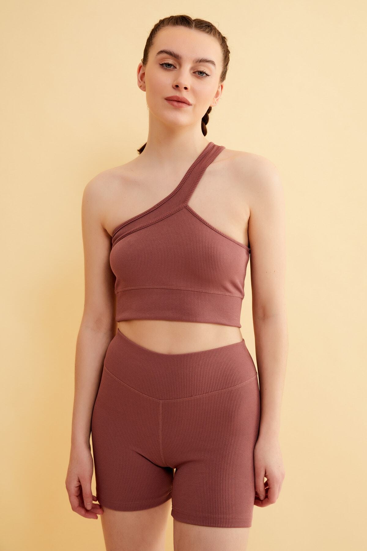 Runever-Dried Rose High Waist Ribbed Sports Bustier Shorts Set 22610 2
