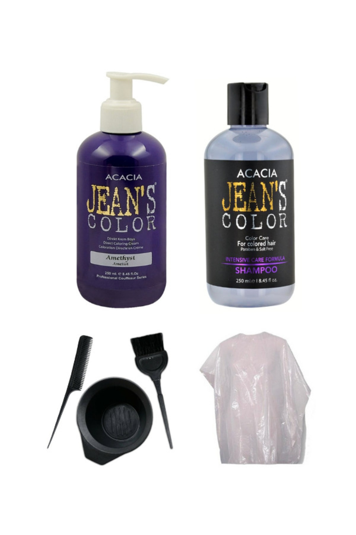 Acacia Jean's Color Ametist Saç Boyası + Boya Koruyucu Şampuan 250 Ml. Ve Uygulama Malzemeleri