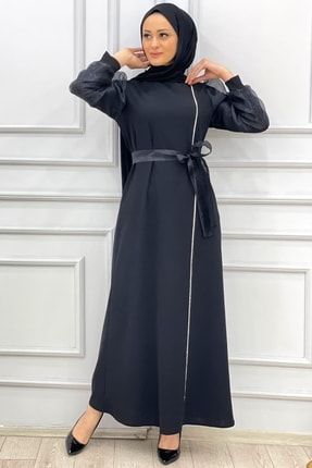 Kol Organze Tül Şerit Taş Detaylı Elbise 2201 Siyah