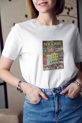 New Yorker Baskılı Tişört Kadın Sevgiliye Arkadaşa Hediye Doğum Günü Hediyesi Pamuklu T-shirt K-K-GZ100024