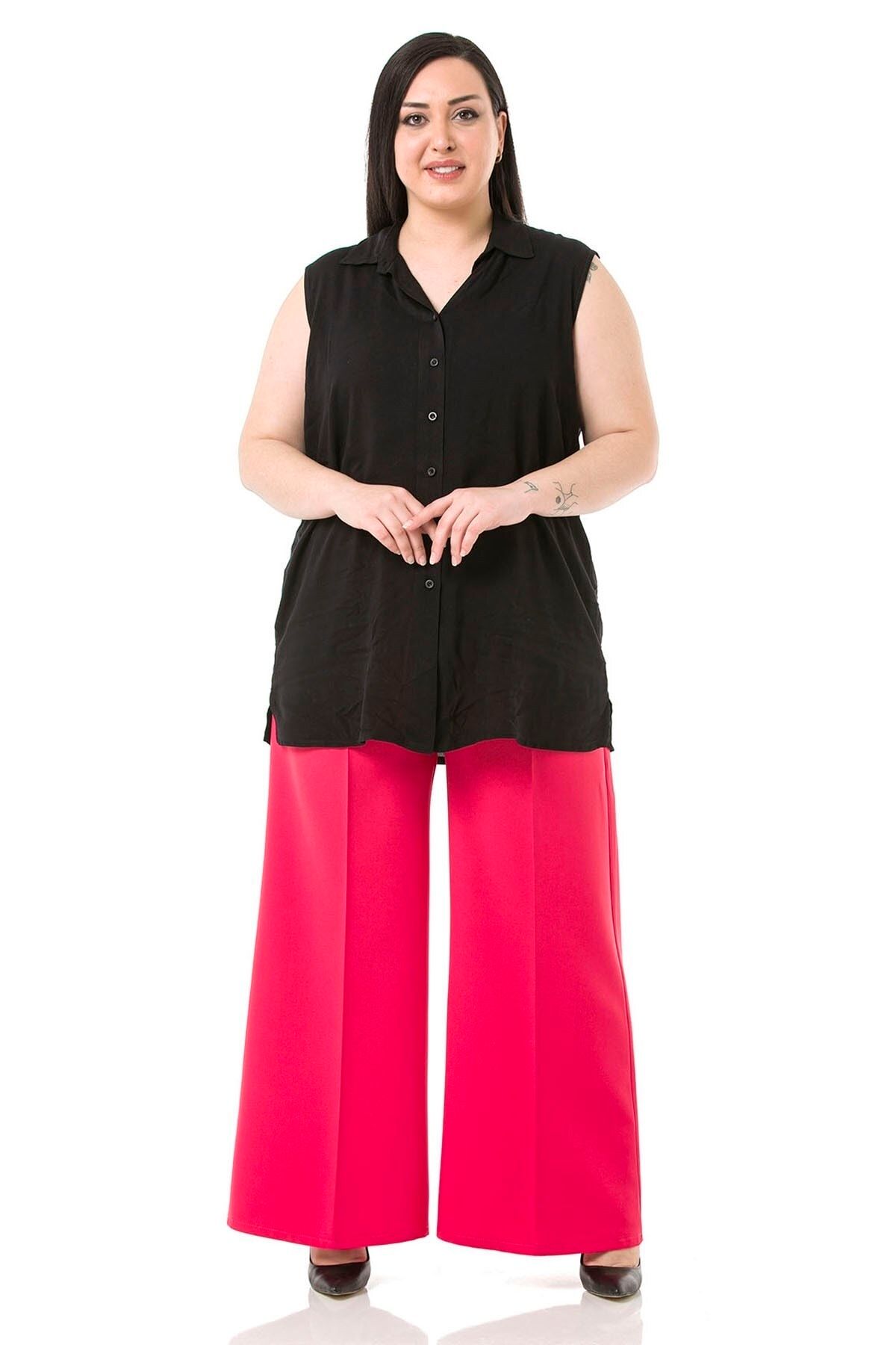 DISENTIS MODEST-Plus Size Wide Leg Double Fuchsia Trousers with Elastic Waist, Sides and Back 2