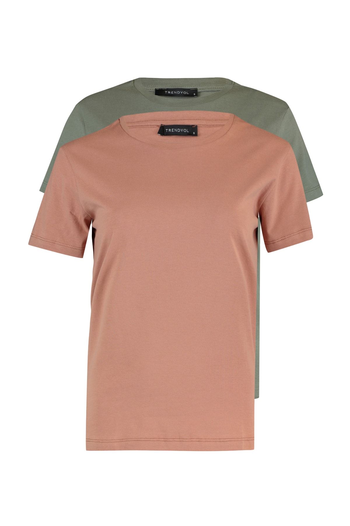 Trendyol Collection-Khaki-Lachs Single Jersey Rundhalsausschnitt 2er-Pack gestrickte T-Shirts – 100 % Baumwolle TWOSS20TS0141 8