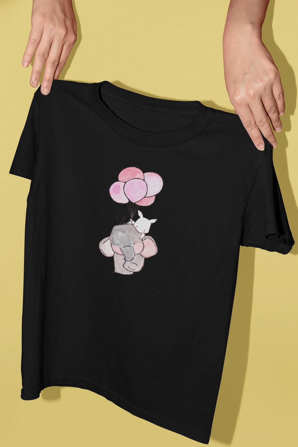 Kio Tasarım-Tricou pentru copii cu imprimeu Elephant And Rabbit Friendship Series 2 Negru Unisex 100% bumbac 3