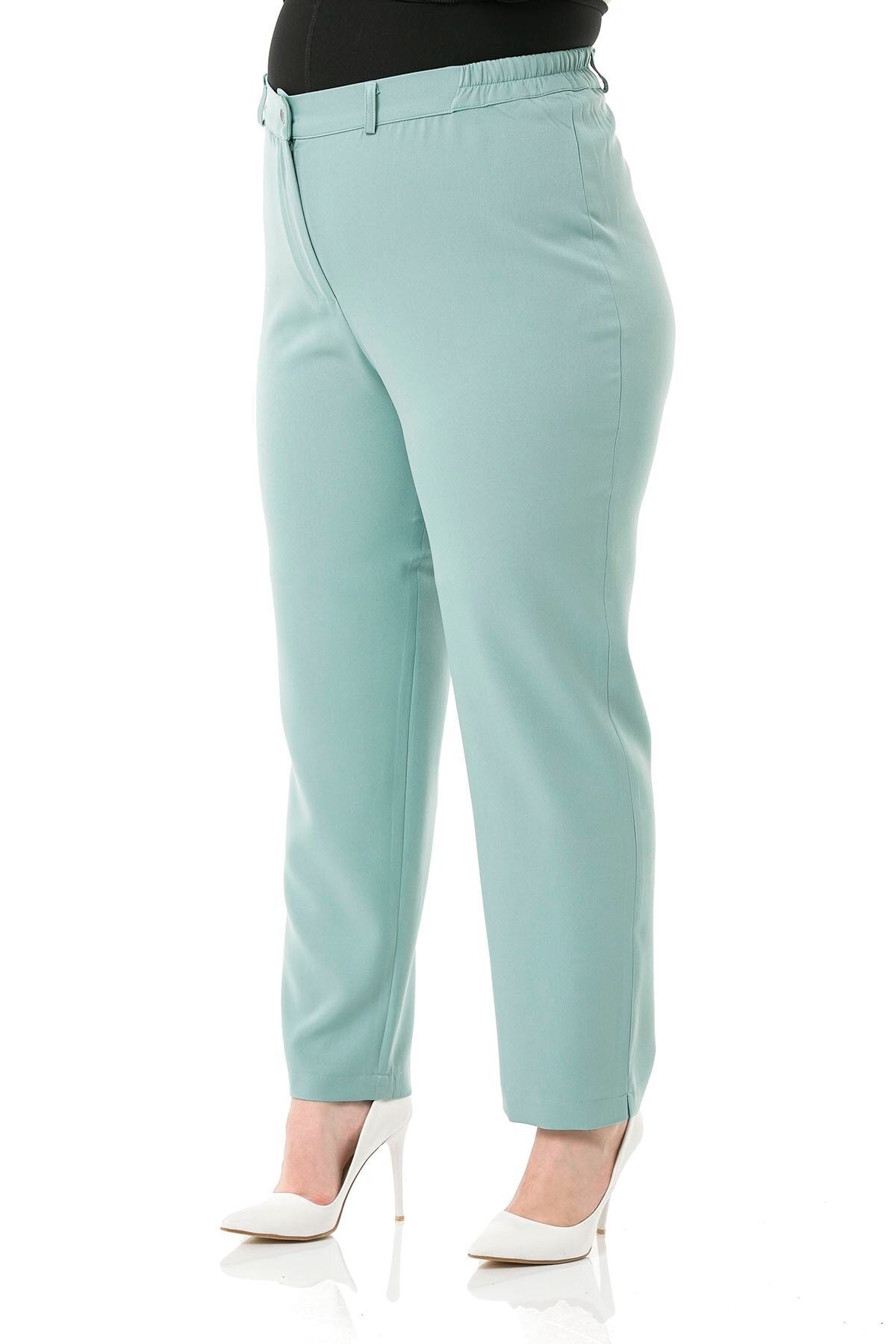 DISENTIS MODEST-Plus Size Mint Green Trousers with Elastic Waist and Side Zipper and Slits on the Leg 5