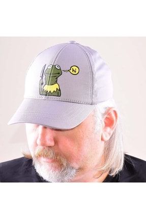Erkek Kep Şapka - El Boyaması - Gri - Kurbağa Desenli WDERKKEPSAPKAKURB