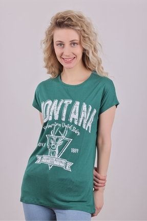 Kadın Montana Baskılı Salaş Yeşil T-Shirt 20662
