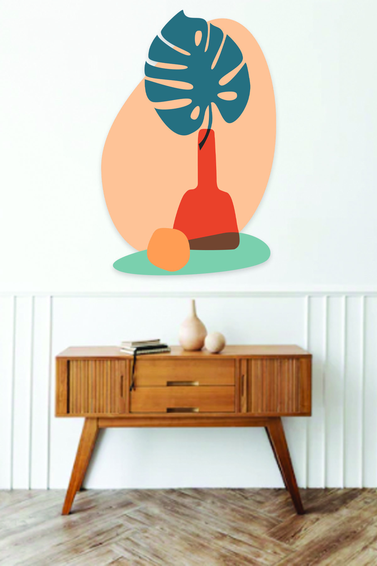 Bohem Tarz Saksı Ve Yaprak Duvar Sticker 70x50 Cm