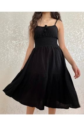Fırfırlı Askılı Siyah Keten Elbise 3871