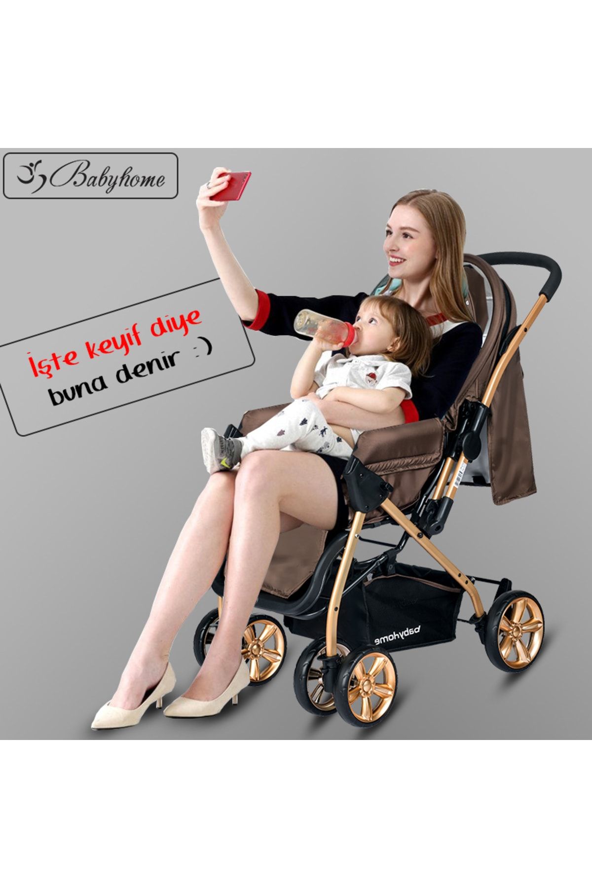 Baby Home Bh-760 Gold Bilyeli Teker Mama Tablalı Çift Yönlü Bebek Arabası NE10242