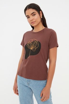 Kahverengi Baskılı Basic Örme T-Shirt TWOSS22TS2330