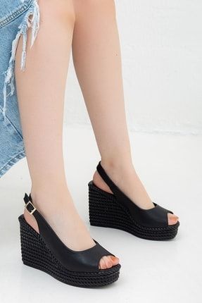 Kadın Siyah Mat Dolgu Topuklu Klasik Sandalet - 10 Cm - Yazlık SF-DTA-0002