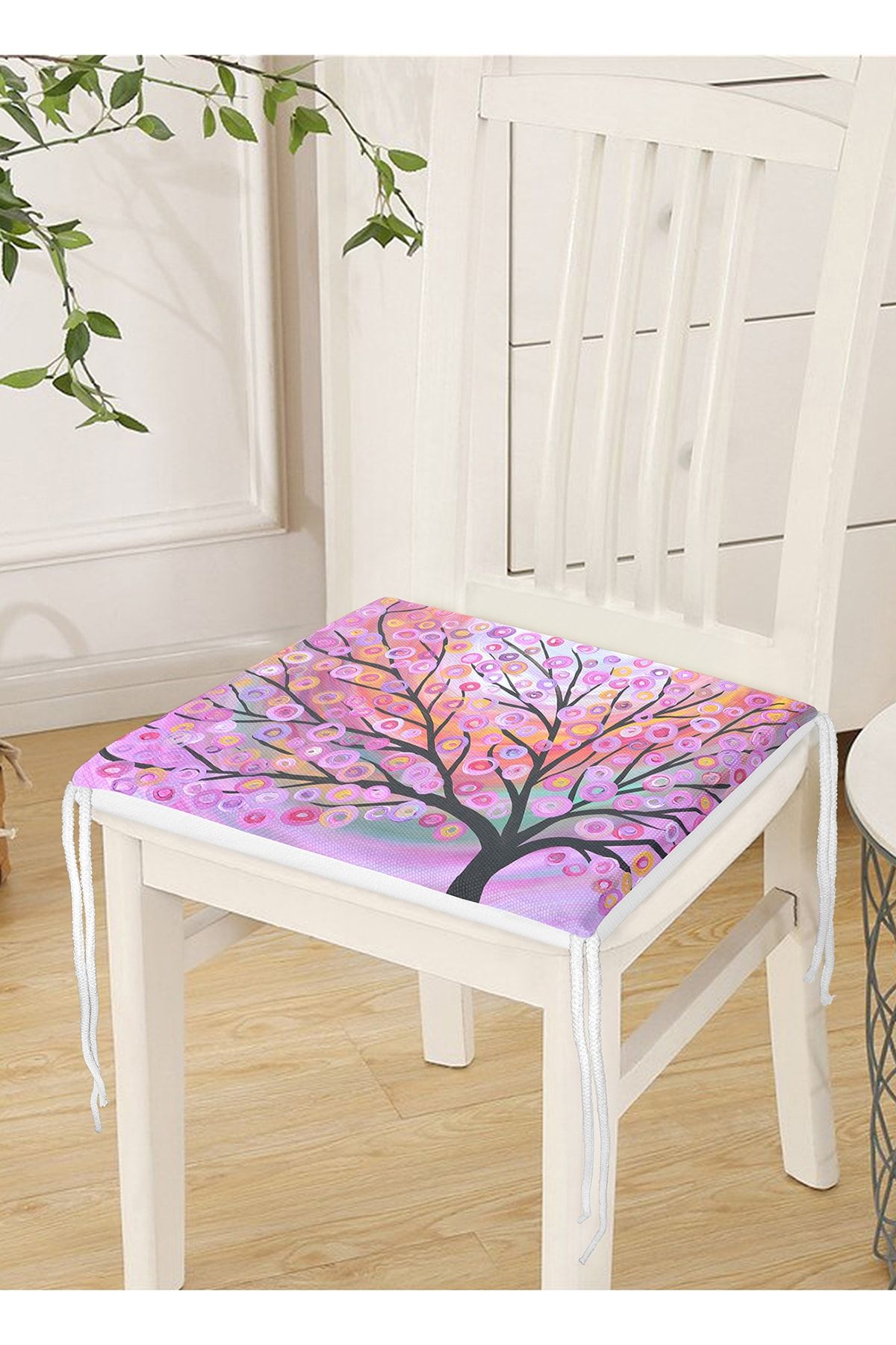 Realhomes-Digital Printed Modern Zippered Chair Cushion with Tree and Leaf Pattern on Pink Background 4