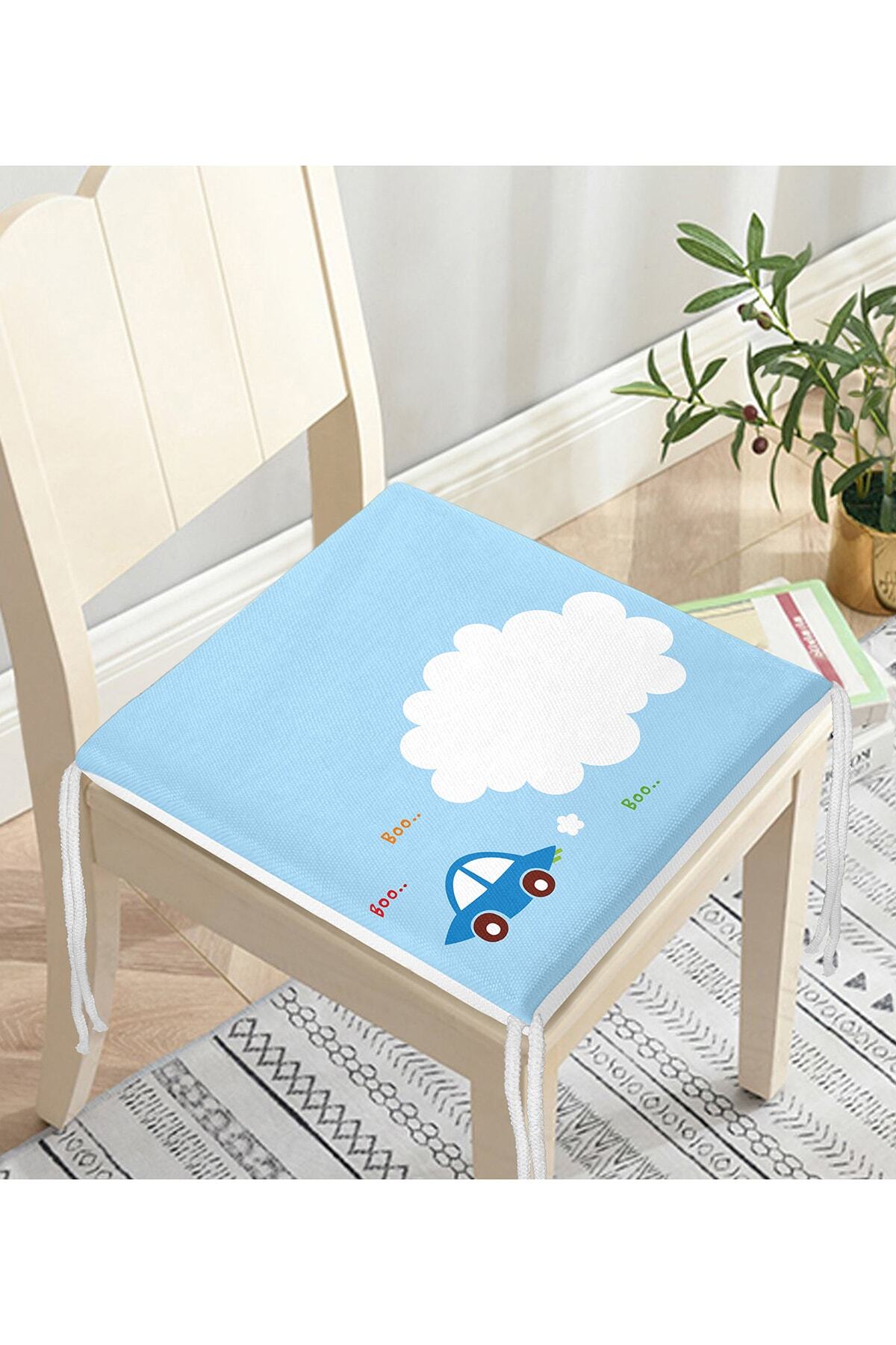 Realhomes-Blue Car Baby Patterned Digital Printed Modern Zippered Chair Cushion on Blue Background 3