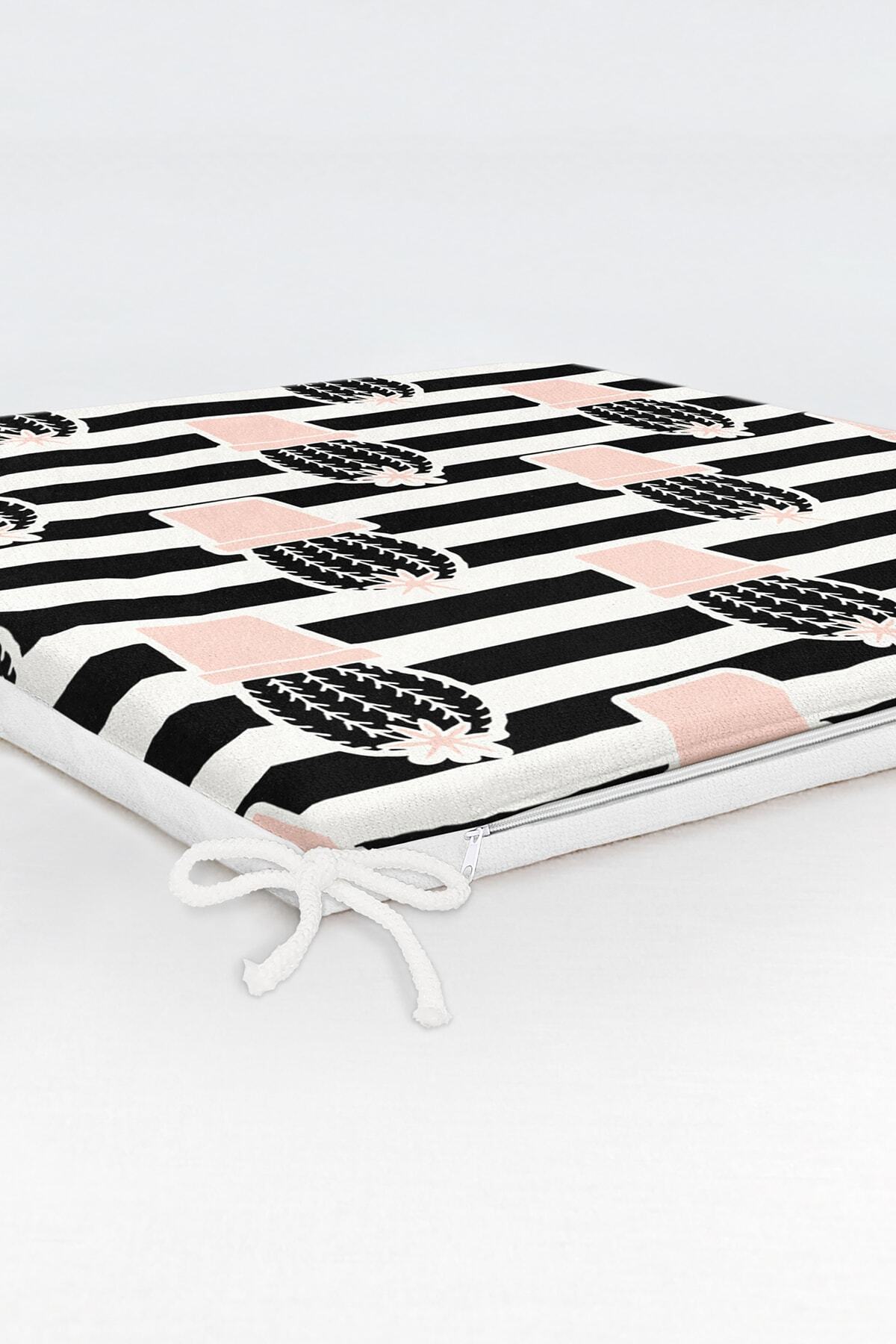 Realhomes-Black Striped Cactus Motif Digital Printed Zippered Chair Cushion 6