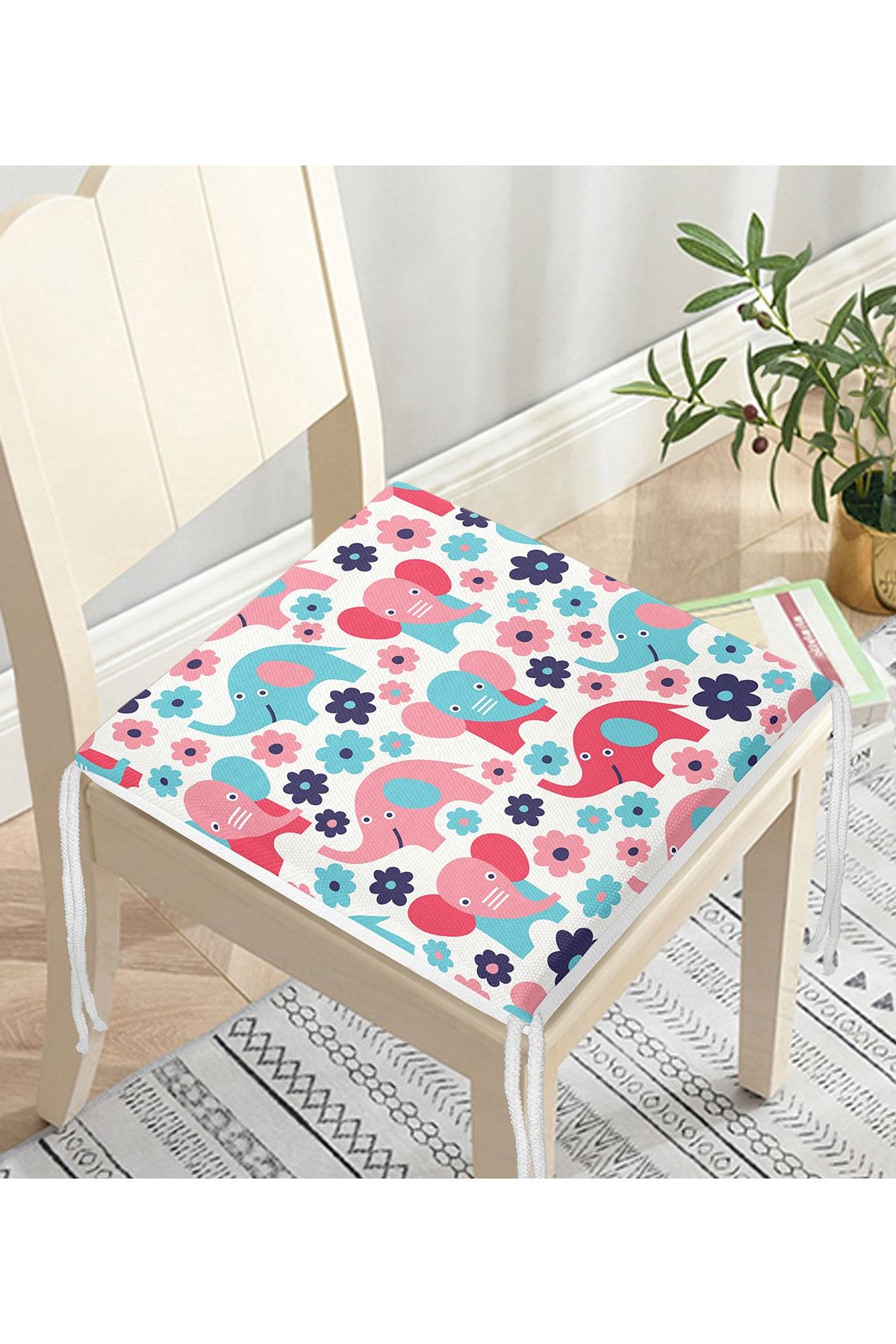 Realhomes-Digital Printed Modern Zippered Chair Cushion with Elephant and Flower Pattern on Cream Floor 3