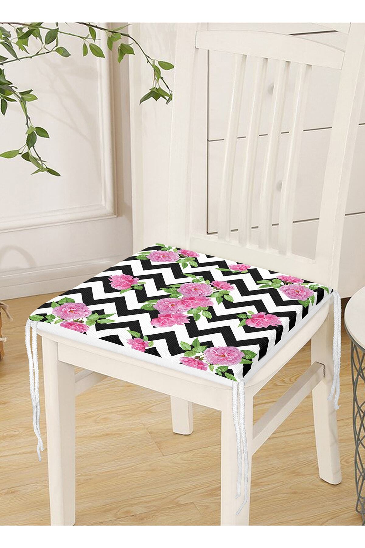 Realhomes-Zigzag Zebra Themed Modern Zippered Chair Cushion with Rose Motif 4