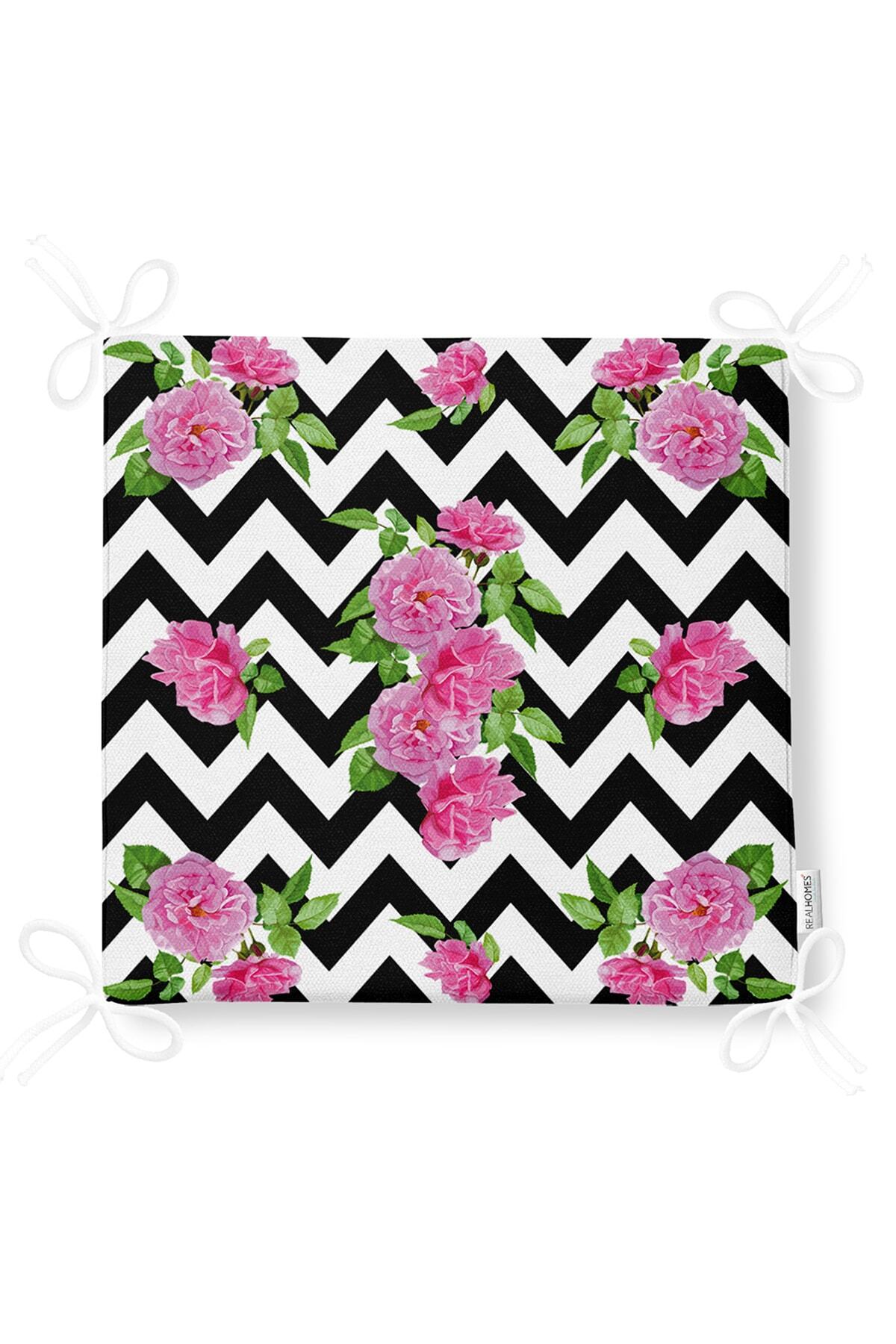 Realhomes-Zigzag Zebra Themed Modern Zippered Chair Cushion with Rose Motif 5