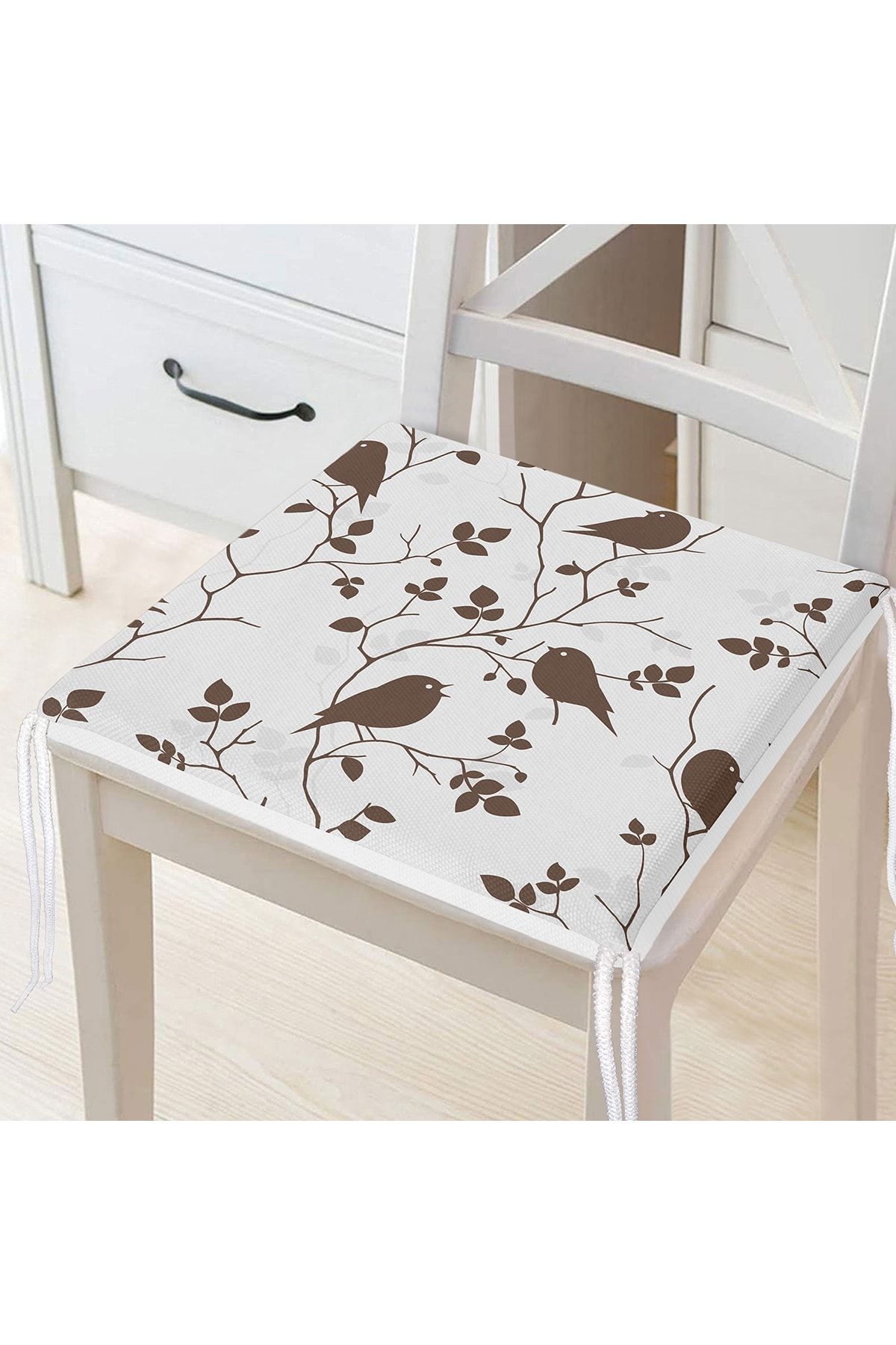 Realhomes-Digital Printed Modern Zippered Chair Cushion with Brown Branch and Bird Pattern on Cream Floor 1