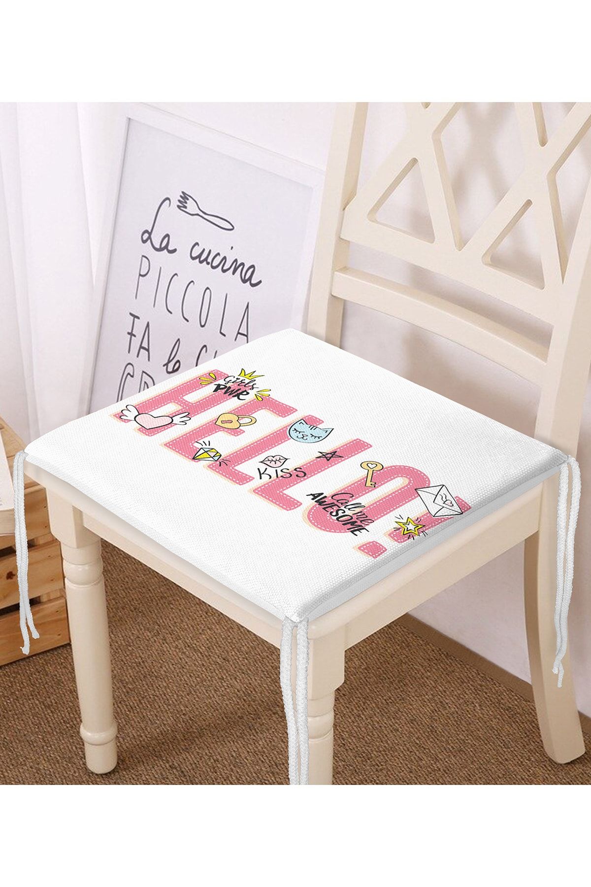 Realhomes-Custom Design Hello Text Patterned Digital Printed Zippered Chair Cushion 1