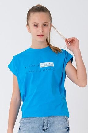 Mavi Kız Çocuk Omzu Pileli Baskılı T-shirt KPPCV00011444