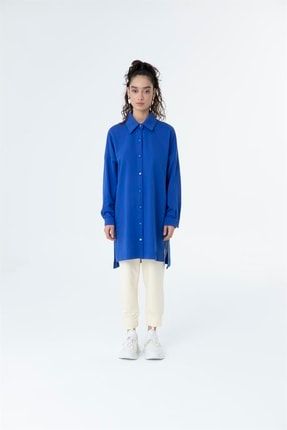 Kadın Polo Yaka Full Düğmeli Sweat Tunik Saks Mavi GRMSL-30889