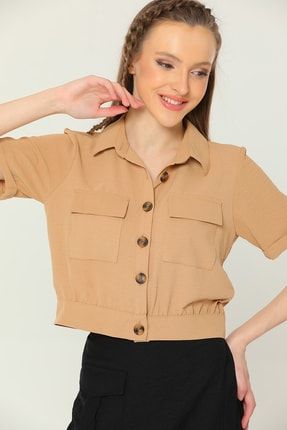 Bisküvi Kadın Kısa Kollu Yazlık Ayrobin Crop Gömlek Ceket P-037548