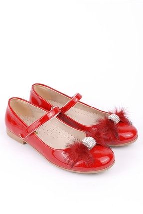 Taşlı Kız Çocuk Günlük Ve Abiye Babet Ayakkabı Kırmızı Rugan RC0257