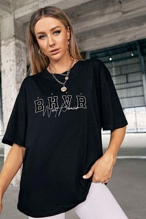 Bhvr Baskılı Oversize Siyah T-shirt T102