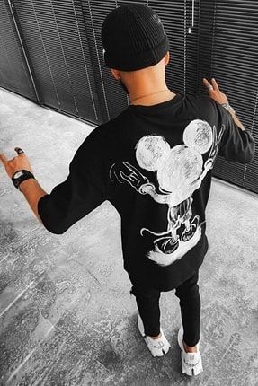 Miki Mouse Baskılı Oversize Siyah T-shirt T062