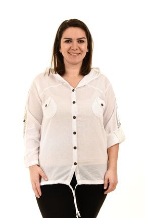 Beyaz Kapüşonlu Kol Sırt Kanat Ve Pul Detaylı Büyük Beden Gömlek 2501