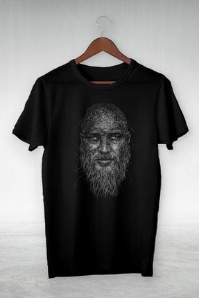 Unisex Siyah Vikings Ragnar Illustrasyon Çizim Tasarım Oversize Beyaz T-shirt mdl-t-short-10