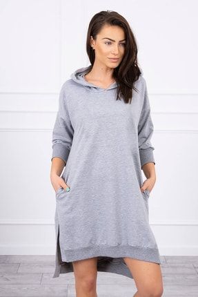 Kadın Gri Kapüşonlu Yırtmaçlı Sweatshirt Elbise 5138 SWTEYSWELBS