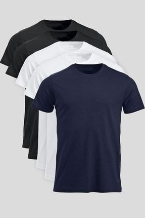 Erkek Slim Fit Basic T-shirt 5 Li Paket Siyah Beyaz Lacivert FN117