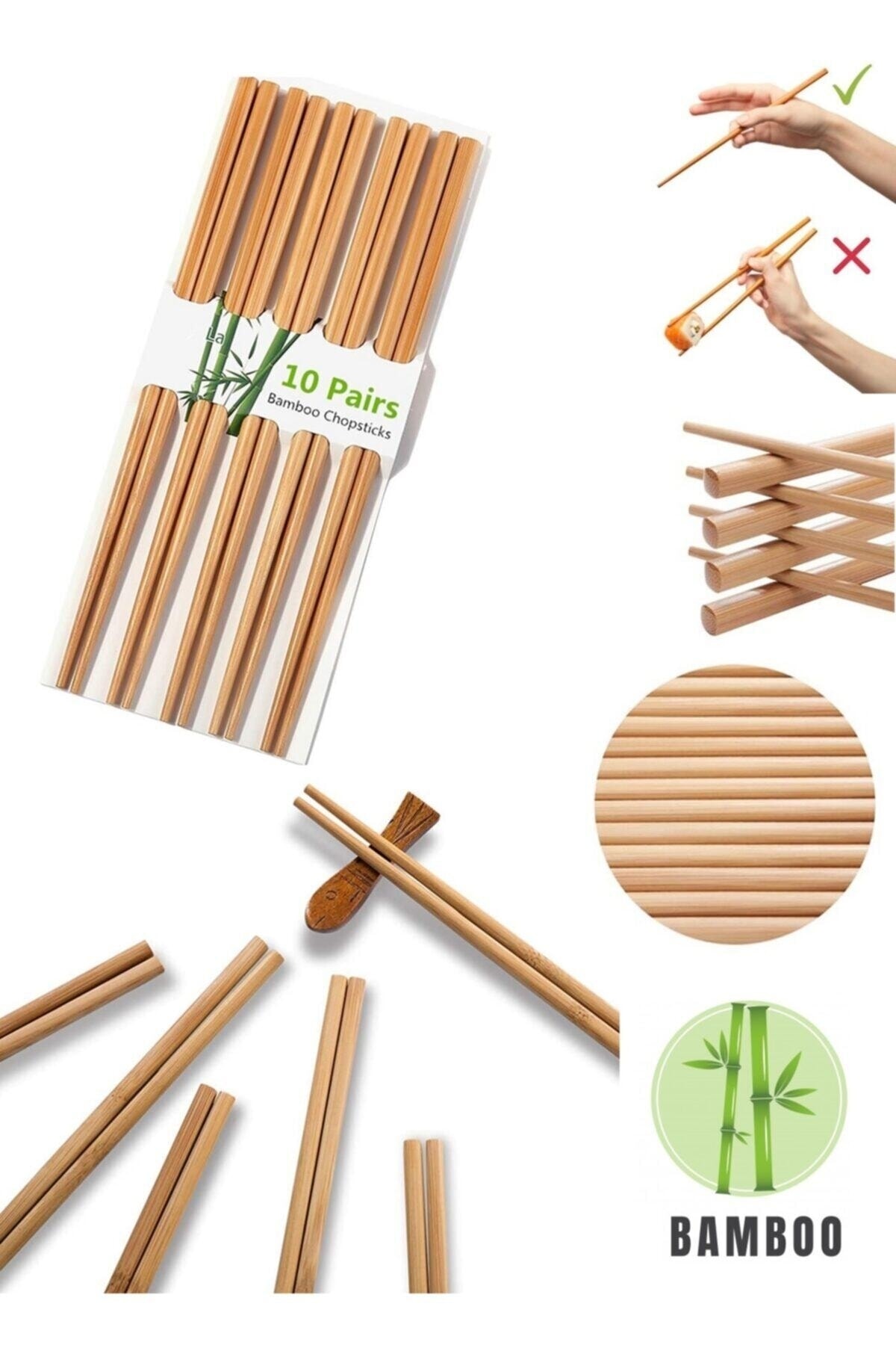 10 Pairs - 20 Pcs Washable Organic Bamboo Chinese Chopsticks Chopsticks