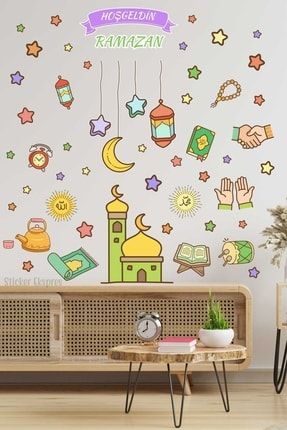 Hoşgeldin Ramazan Sarkıtlı Hilal Kandil Yıldızlar Ve Cami Cam Ve Duvar Sticker Seti SSTCKREKSP420