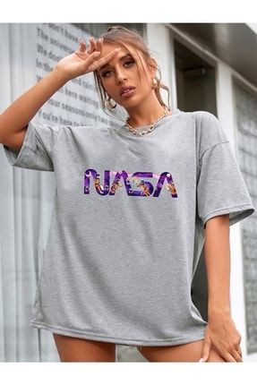 Ark Moda Kadın Gri Mor Nasa Baskılı Tshirt mornasatshirt